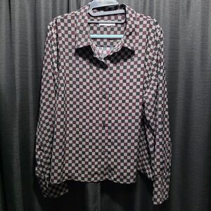 Liz Claiborne Checkered Button Down Blouse Burgundy Black Grey Womens XL*